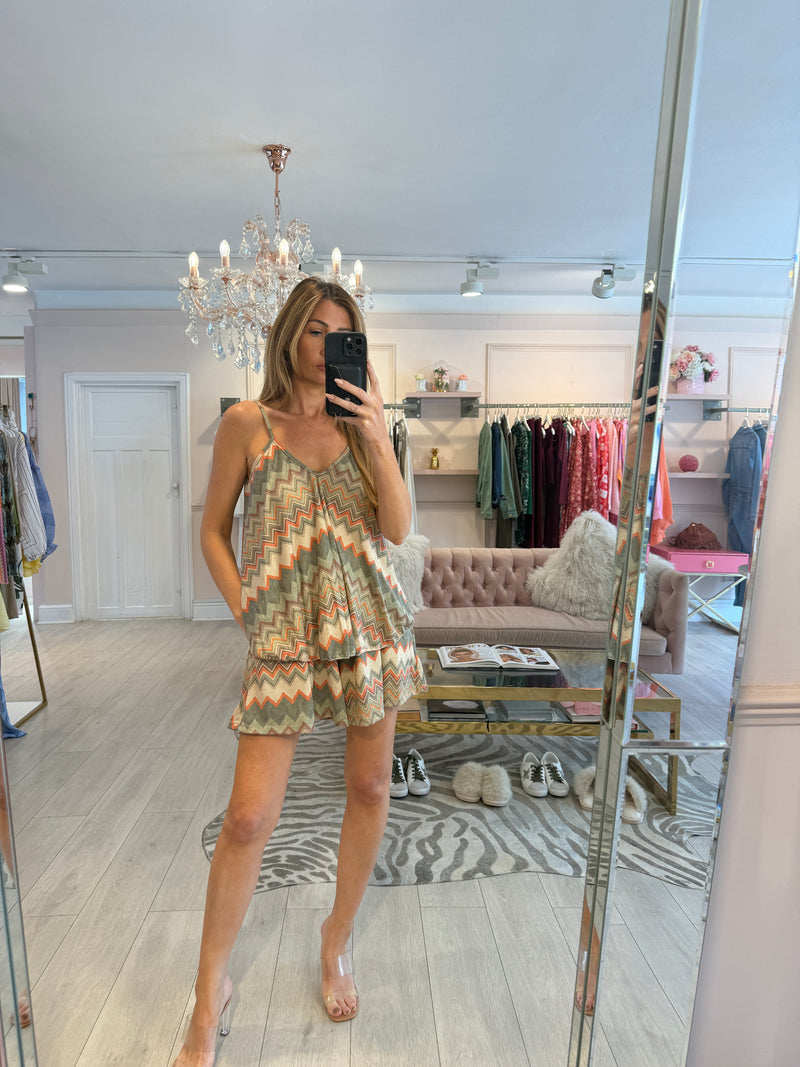CHARLOTTE GREEN CHEVRON LUREX PRINTED SHORT SET