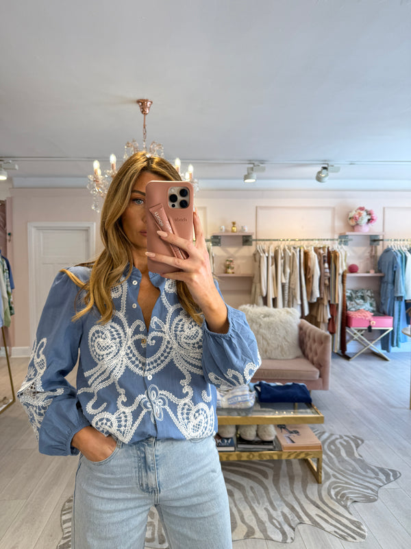 NANCY BLUE SHIRT WITH WHITE EMB