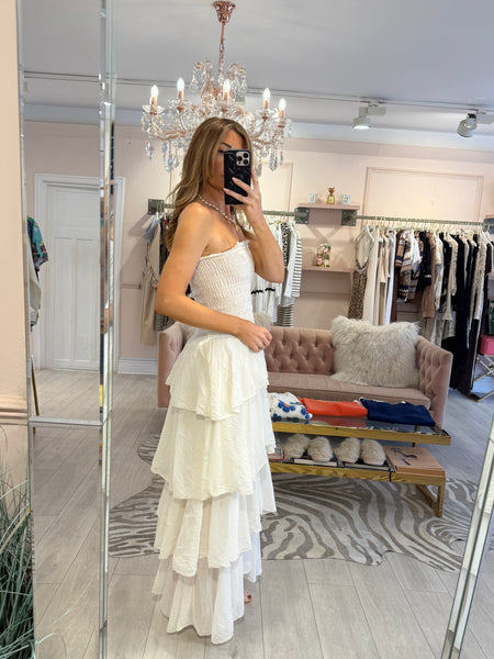 EZRA BANDEAU TIERED DRESS OFF WHITE – EBA.