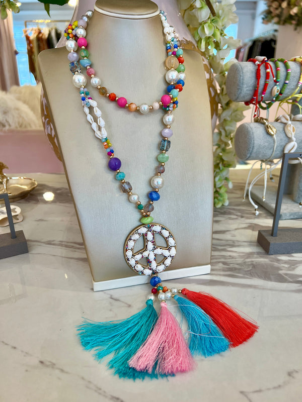 MULTI COLOUR BEAD PEACE NECKLACE WITH TASSLES