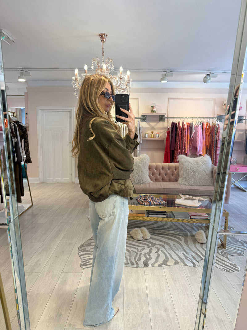 HAZEL FAUX SUEDE BOMBER JACKET KHAKI