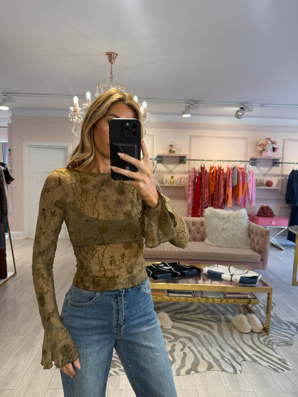 ROSE EMBROIDERED SHEER TOP KHAKI