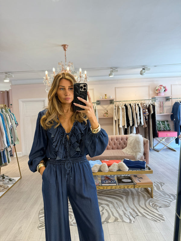 CARLA RUFFLE CHAMBRAY SHIRT & TRS SET DARK BLUE