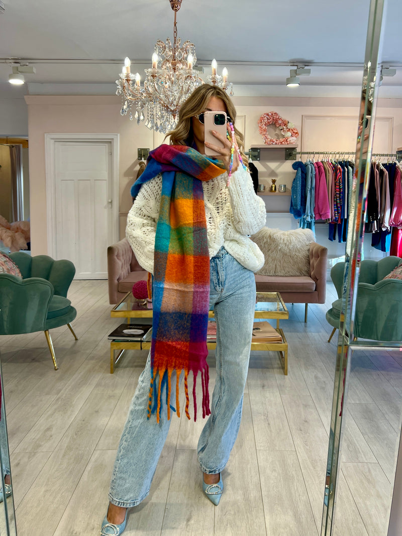 ORANGE CHECK FLUFFY SCARF