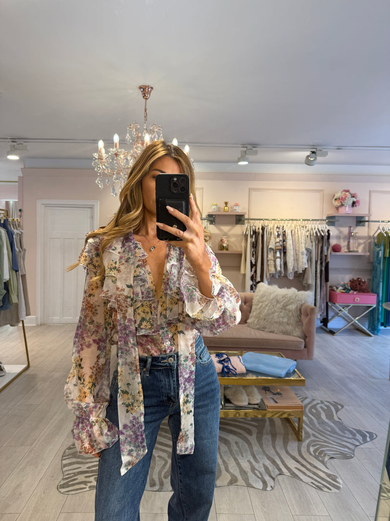 CECILE BROWN/PURPLE PUSSY BOW BLOUSE FLORAL