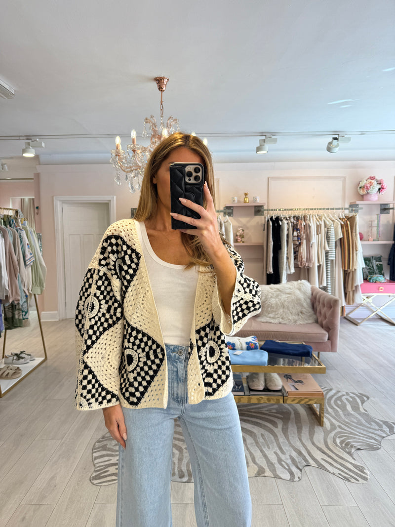 ANITA OPEN CROCHET CARDIGAN BLACK/CREAM
