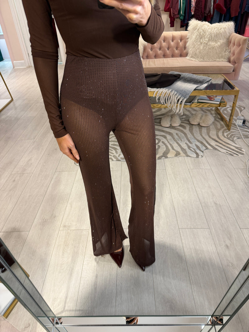 GRACE STUDDED MESH PALAZZO TROUSERS BROWN