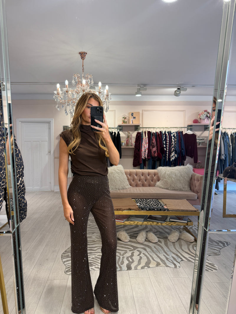 VIVIENNE SPARKLY FLARE TROUSER BROWN