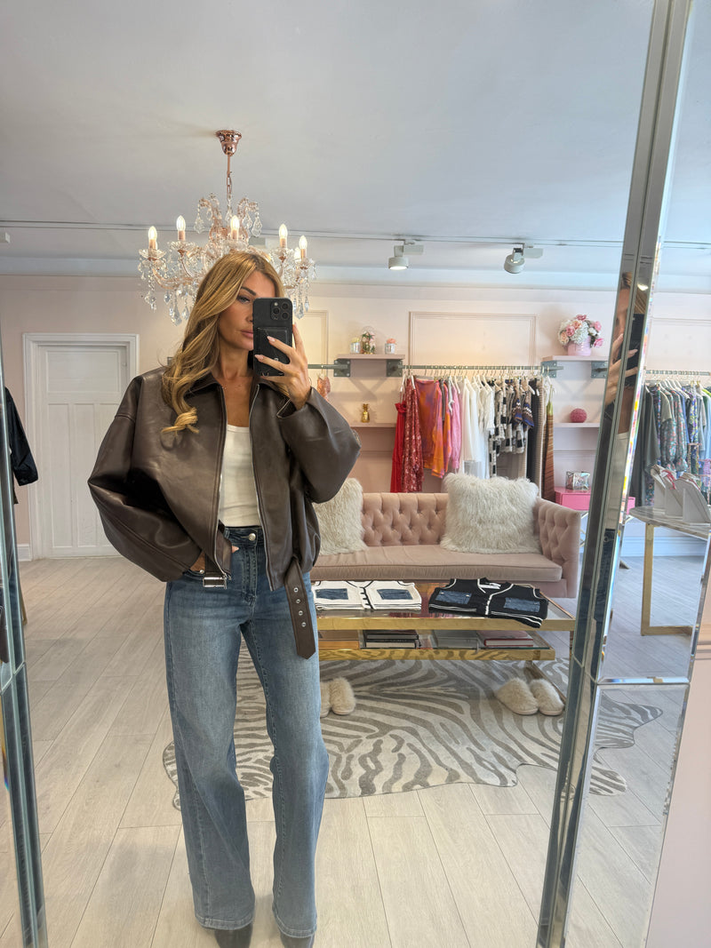 EMBER FAUX LEATHER BOMBER JACKET BROWN