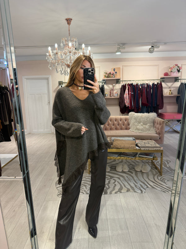 NATASHA LACE TRIM ASYMMETRIC JUMPER LIGHT BROWN