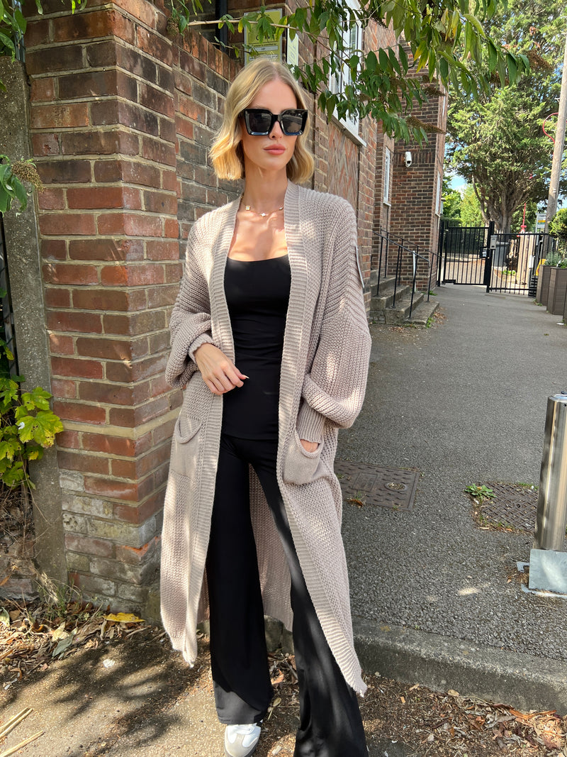 ALBA TAUPE BALLOON SLEEVE KNIT MAXI CARDI