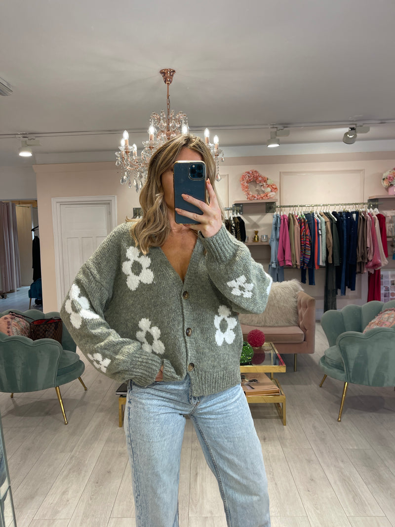 FLOWER PRINT CARDIGAN KHAKI W/WHITE