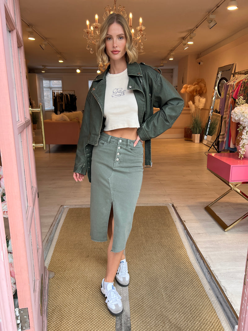 KHAKI DENIM MIDI SKIRT WITH SLIT FRONT DETAIL