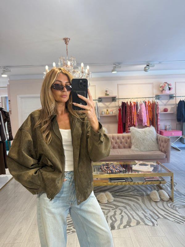 HAZEL FAUX SUEDE BOMBER JACKET KHAKI