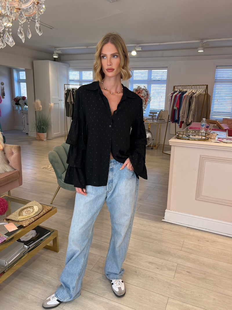NELLIE LUREX THREAD TIERED SLEEVE BLOUSE IN BLACK