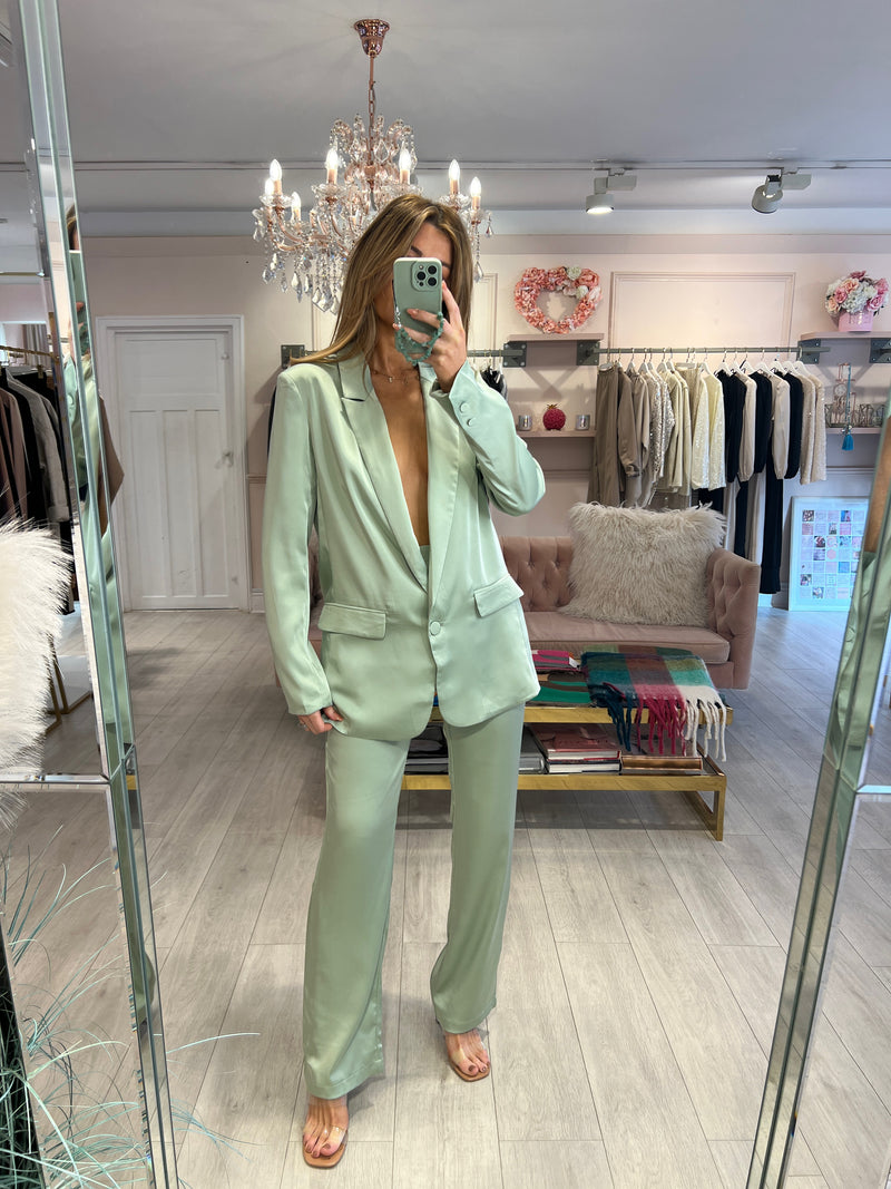 ALEGRA SATIN BLAZER & TROUSER SUIT SAGE GREEN