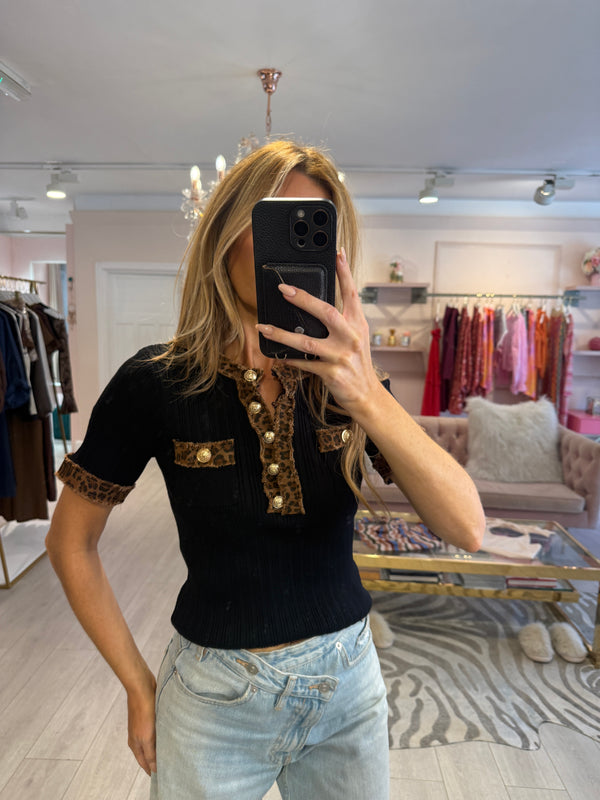 CARLA DENIM TRIM BLACK LEOPARD TOP