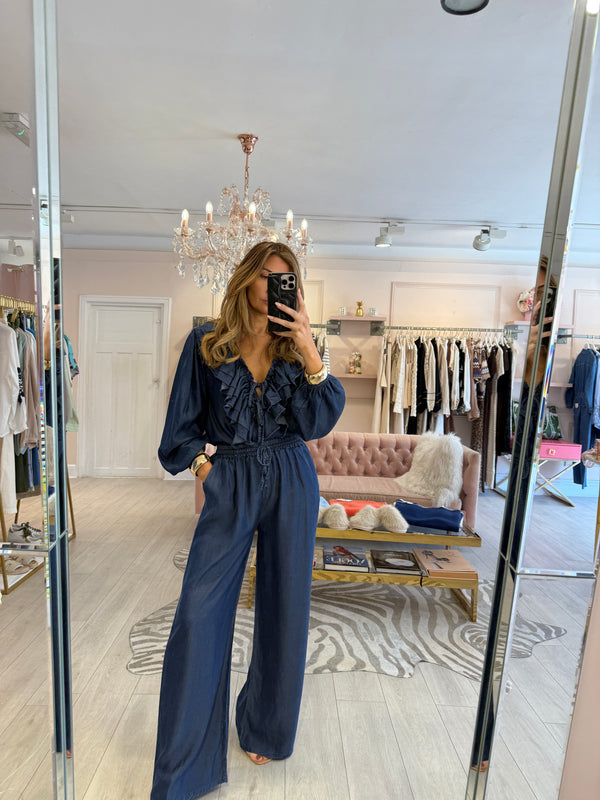 CARLA RUFFLE CHAMBRAY SHIRT & TRS SET DARK BLUE