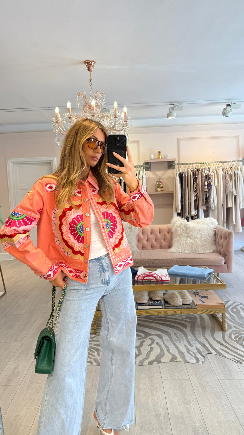 VIVI EMBROIDERED DENIM JACKET CORAL