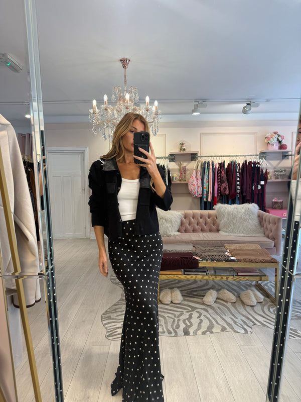 ADDISON POLKA DOT SATIN MAXI SKIRT BLACK