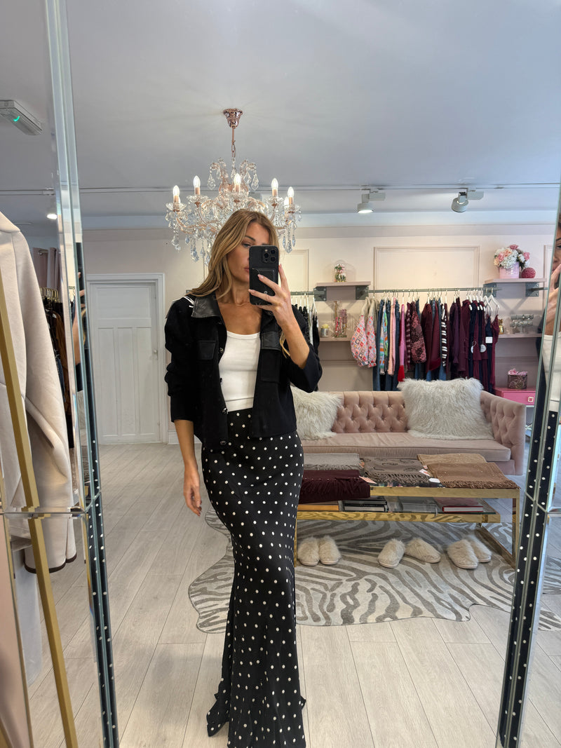 ADDISON POLKA DOT SATIN MAXI SKIRT BLACK