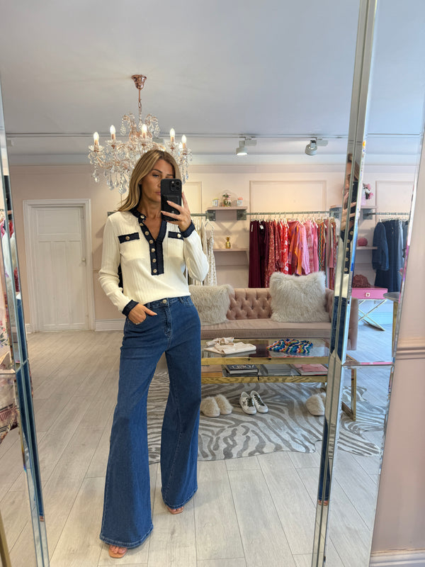CALLIE DENIM TRIM TOP WHITE