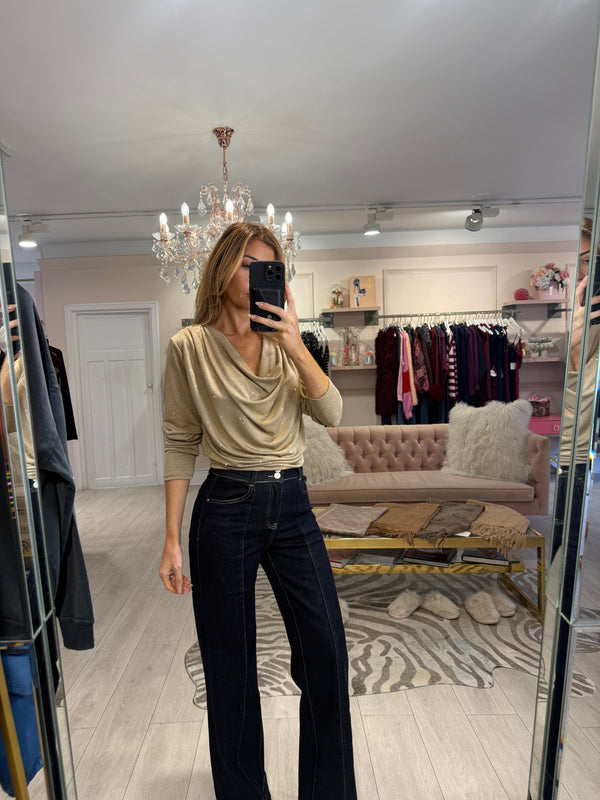 EFFIE CRYSTAL COWL NECK TOP GOLD