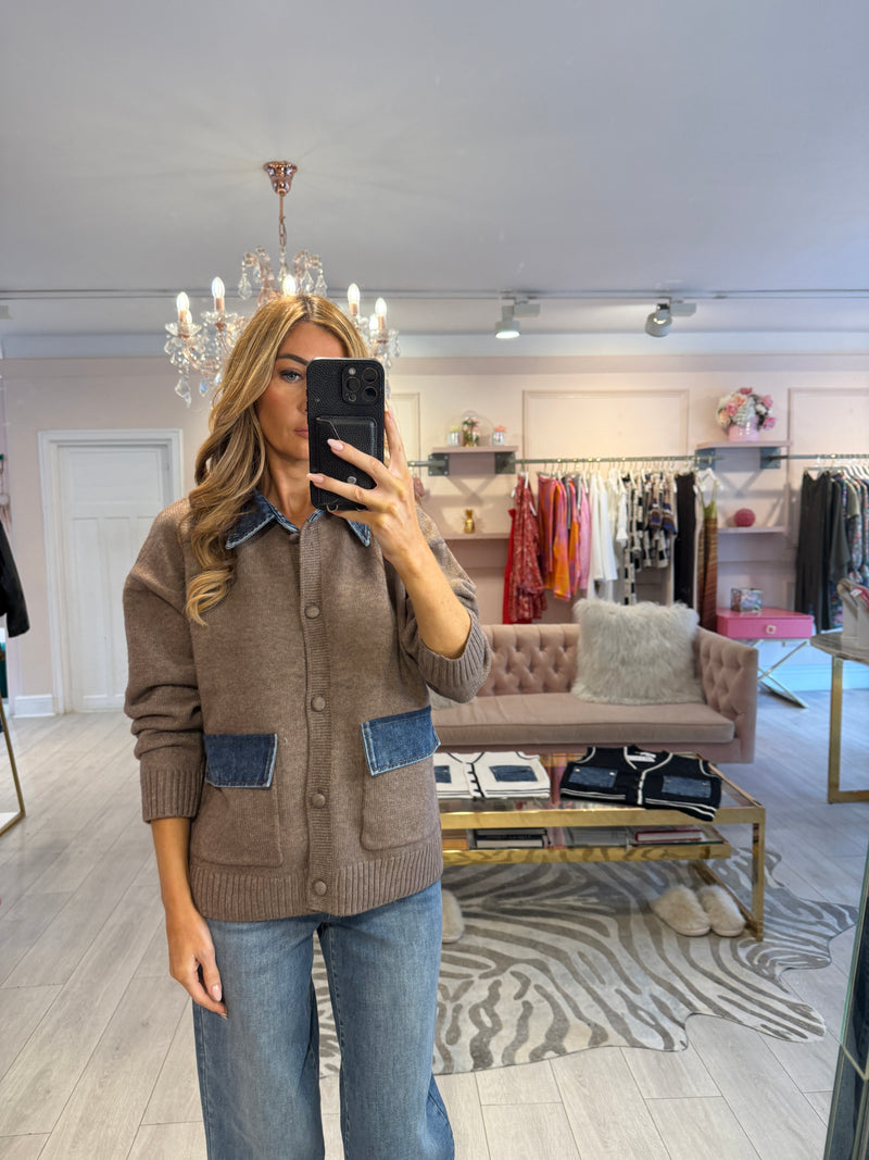 TAYLOR DENIM TRIM CARDIGAN COCOA