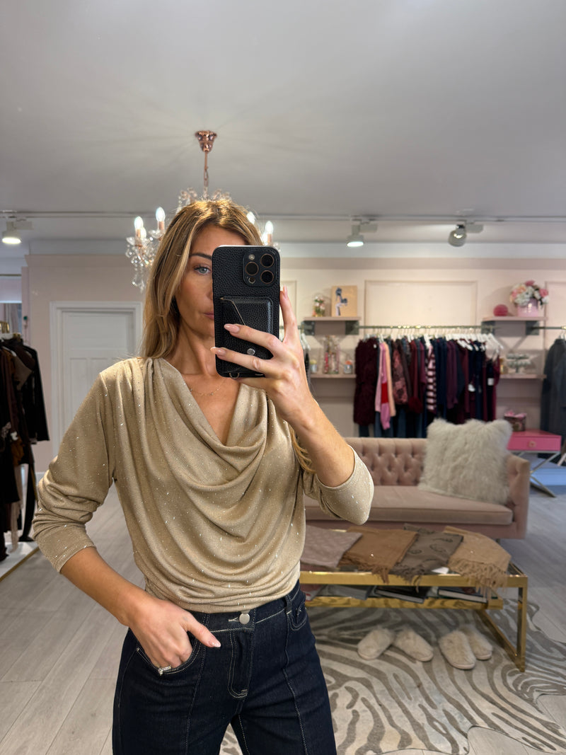 EFFIE CRYSTAL COWL NECK TOP GOLD