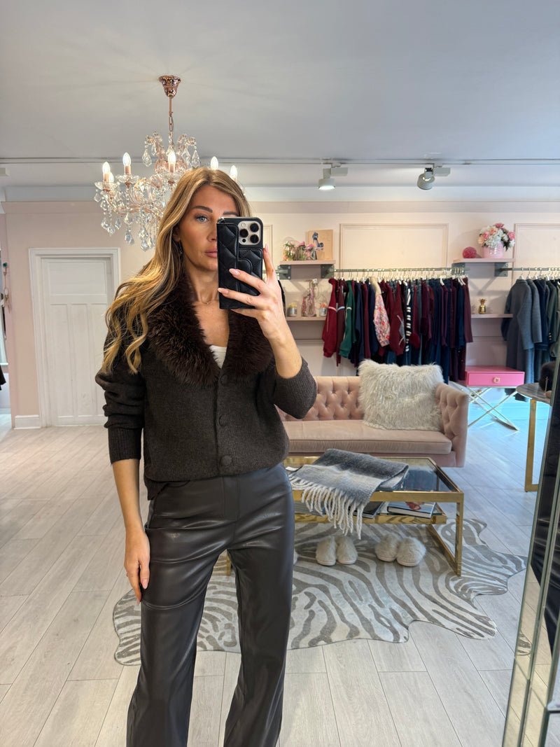 ISABEL FAUX FUR TRIM CARDIGAN BROWN