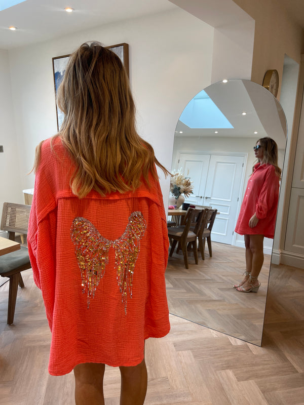 ANGEL SEQUIN CHEESECLOTH SHIRT DRESS CORAL