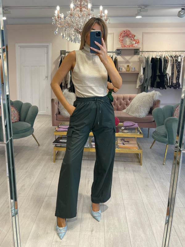 DEMI KHAKI FAUX LEATHER CARGO TROUSER