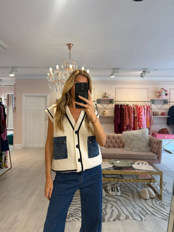 HEIDI DENIM POCKET WAISTCOAT WHITE