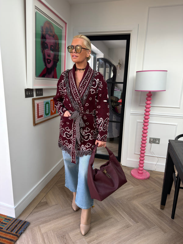 CADENCE SLEEVED PATTERNED CARDIGAN BURGUNDY