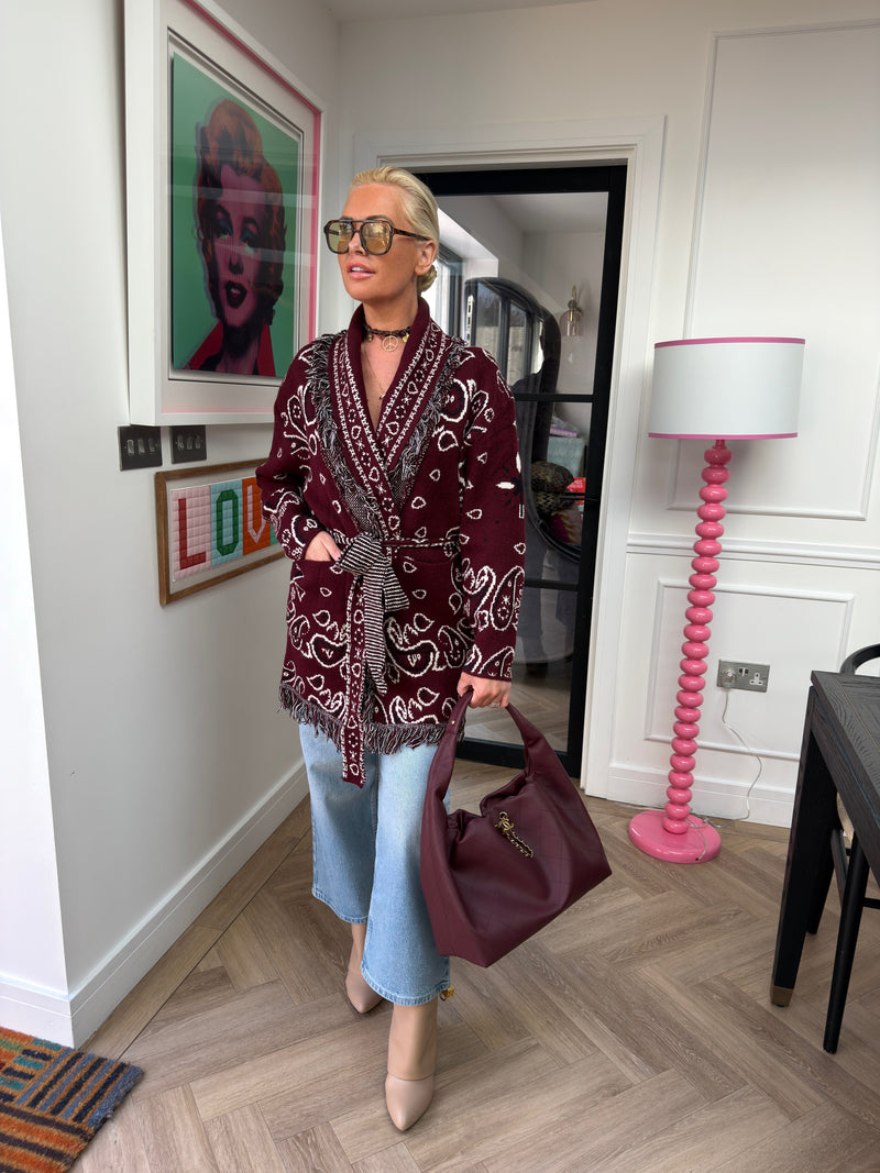 CADENCE SLEEVED PATTERNED CARDIGAN BURGUNDY
