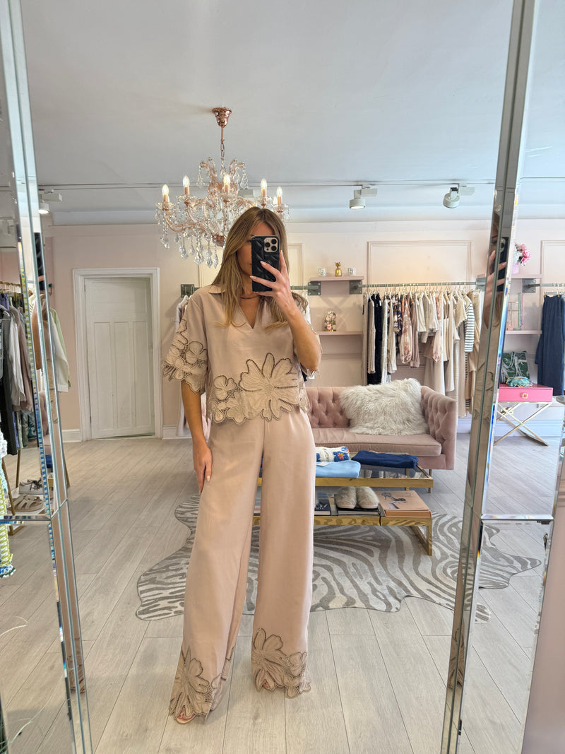 CHLOE BRODERIE TROUSER SET CAMEL TALL