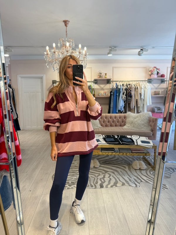 ORLA STRIPE HALF ZIP TOP BURGUNDY/PINK