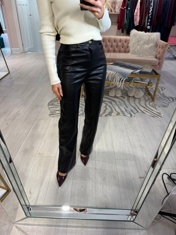 CINDY FAUX LEATHER BELTED TROUSERS BLACK