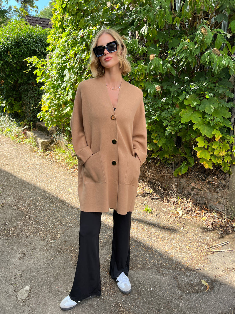 DULCE CAMEL LONG SLEEVE KNIT GOLD BUTTON CARDI