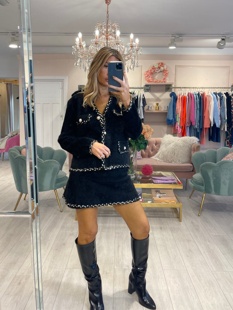 KIKI BLACK KNITTED SKIRT AND CARDIGAN SET