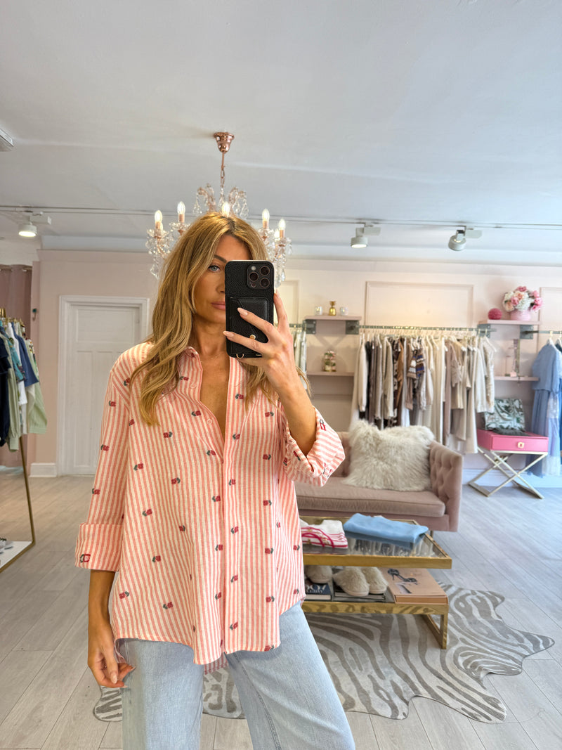 MEGAN STRIPE EMROIDERED FLOWER SHIRT