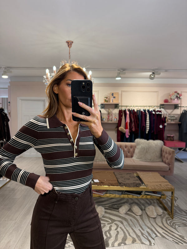 DELVINE RIBBED STRIPE BODYSUIT BROWN