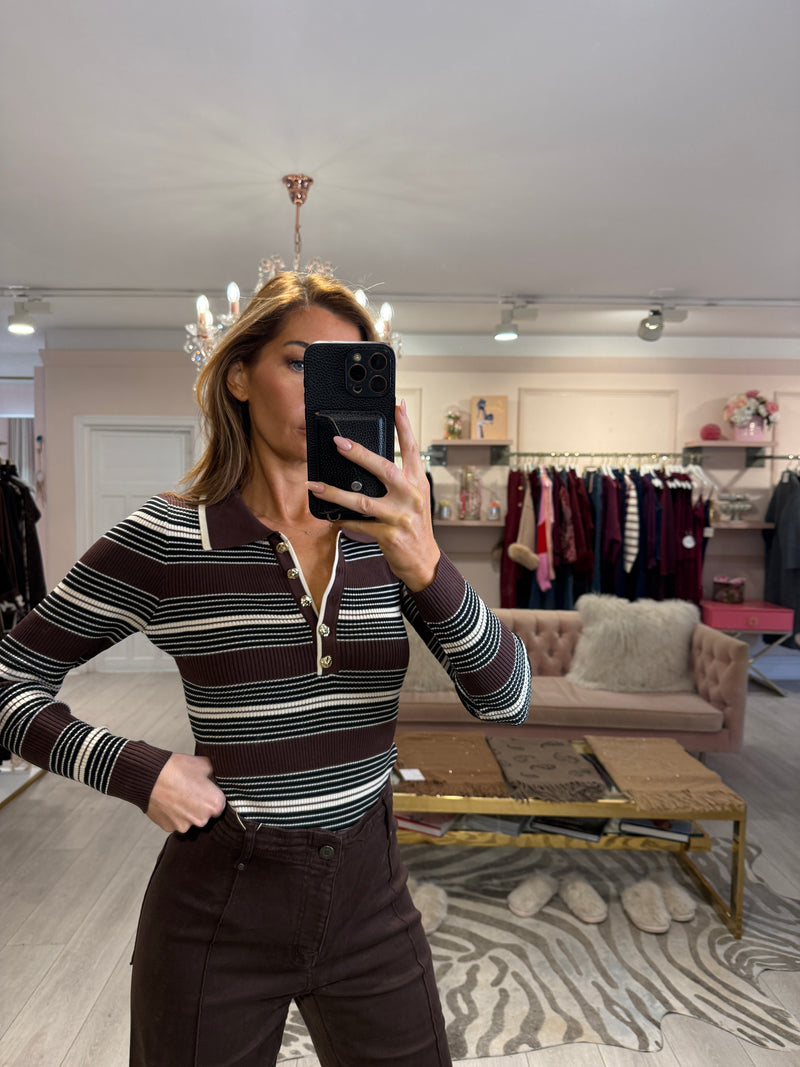 DELVINE RIBBED STRIPE BODYSUIT BROWN