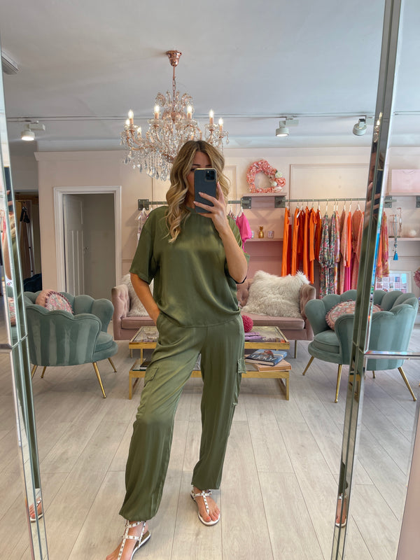 MAYA CARGO STYLE SATIN JOGGER AND TEE SET