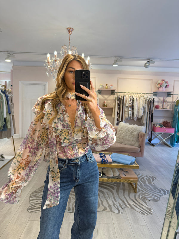 CECILE BROWN/PURPLE PUSSY BOW BLOUSE FLORAL