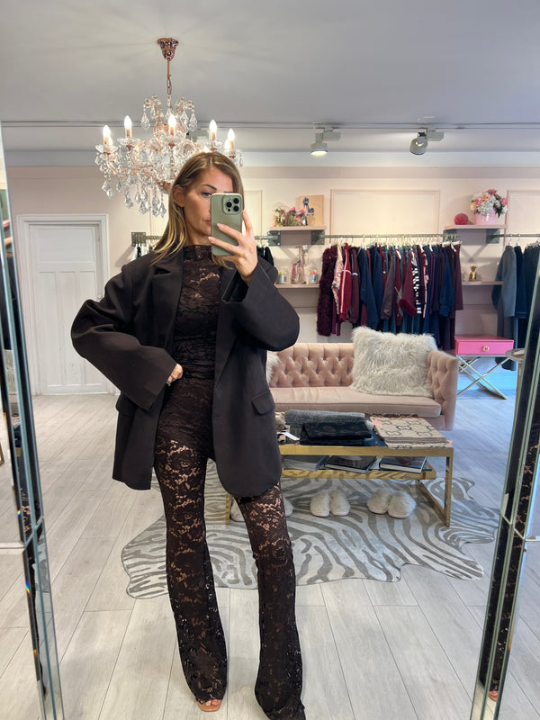 KEISHA LACE TOP AND FLARE TROUSER SET BROWN