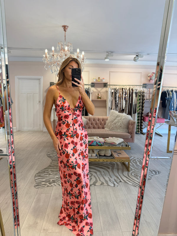 JESSICA SATIN MAXI DRESS RED ROSES PRINT