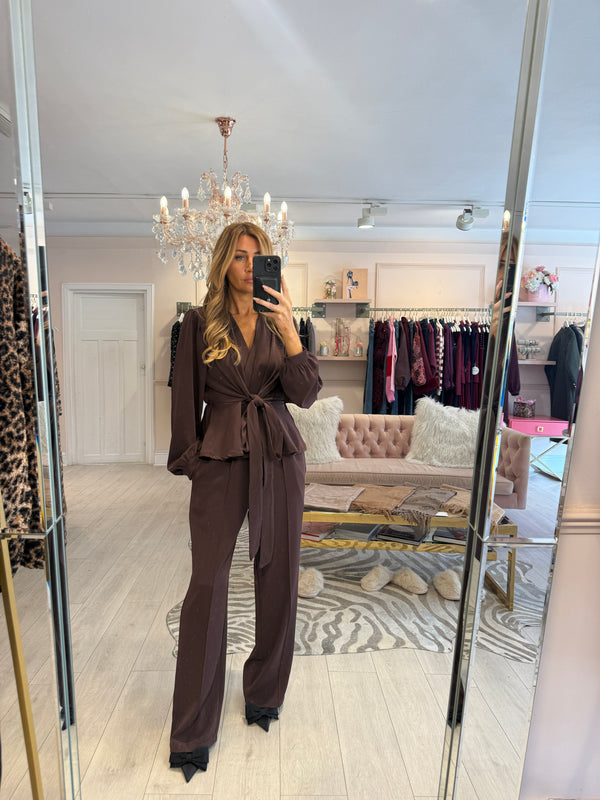 HOPE DRAPE TIE FRONT TROUSER SET BROWN