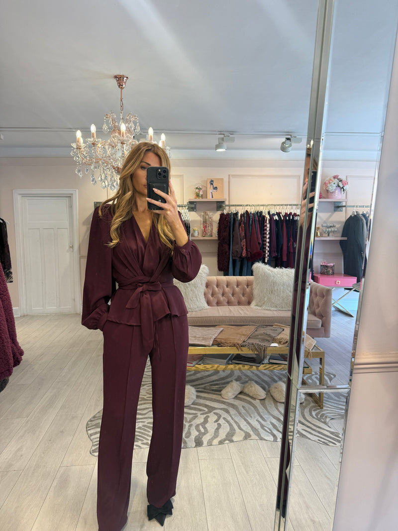 HOPE DRAPE TIE FRONT TROUSER SET BURGUNDY