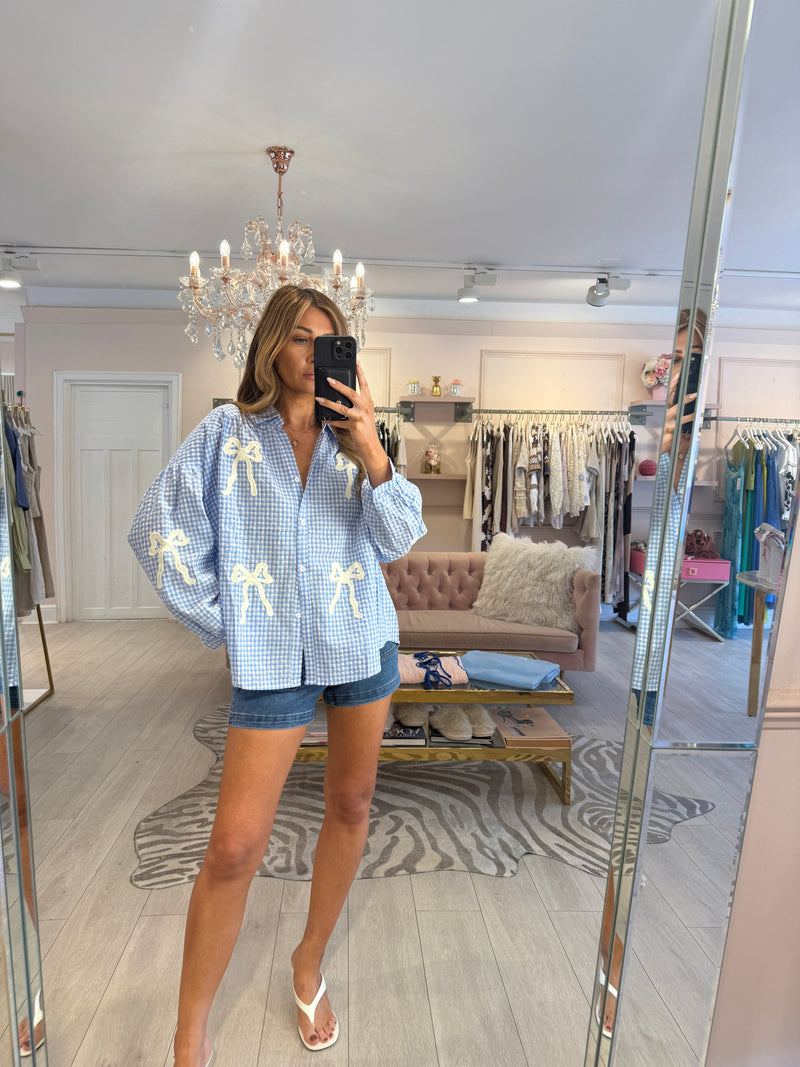 LEYANNE CHECK BOW BLOUSE BLUE